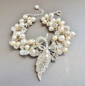 vintage reloved corsage pearl bead multi bracelet diamante brooch glass bridal jewellery
